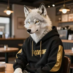 anthropomorphic albino wolf fursona wearing a casual black and gold hoodie at a hipster coffee shop, highly detailed, artgerm style, artstation, soft light, sharp focus, illustration, character design, concept art