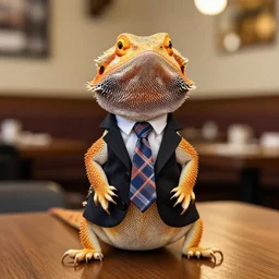 a bearded dragon standing up, wearing a suit and tie in a restaurant