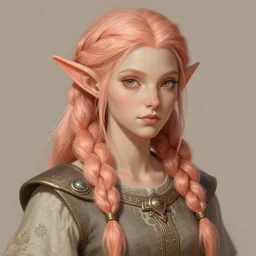 soft pretty female firbolg dungeons and dragons long braided peach color hair, wearing an old tunic, d & d digital character illustration, artstation trending female illustration, intricate, sharp focus, hyper detailed, digital painting, matte, character art by prywinko art, pyromallis rene maritte, masterpiece