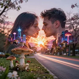 double exposure of dally life, symbols of live, explosion, cyber mushroom city, love is the most relevant theme, 8 k resolution, artistic mode, artistic, trending on instagram, long exposure, love art, serious, fantasy and dreams vibes, mushrooms style and macro style, spring vibes in twilight or sunset lights
