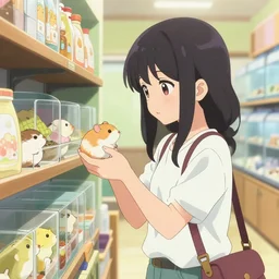 art, anime anime anime, anime girl at the pet store buying a hamster
