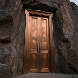 a huge bronze door between the mountain walls ， super wide angle ， matte painting ， rtx on ， trending on cgsociety and artstation, unreal engine ， volumetric light ， surreal