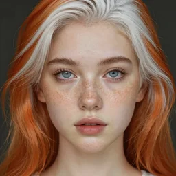 portrait Girl with orange hair and freckles, cute-fine-face, white-hair pretty face, realistic shaded Perfect face, fine details. realistic shaded lighting by (((Yasar Vurdem)))