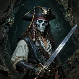 photo of a ghostly pirate head and torso, holding a sword and standing in a grotto, photorealistic, dark, atmospheric lighting, painted, intricate, ultra detailed, well composed, best on artstation, cgsociety, epic, stunning, gorgeous, intricate detail, wow, masterpiece