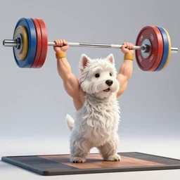 an strong and muscular anthropomorphic west highland white terrier weight lifting weightlifting barbell up, over it's head, in olympic olympic weightlifting, 3 d render, photo realistic, concept art, 4 k, artstation, cgsociety