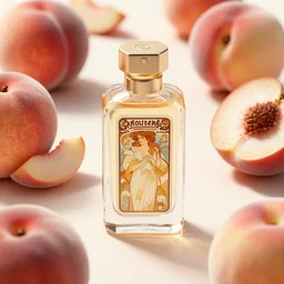 perfume bottle surrounded by fresh, sliced peaches, path traced, environment, highly detailed, concept art, realistic, octane render, up close shot shinji aramaki, karol bak, alphonse mucha