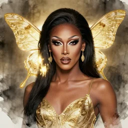 brown - skinned gorgeous moth fae themed drag queen. backlighting, depth of field, 4 k, ink wash and gold by award - winning mangaka