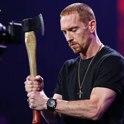 Eminem as a butcher with axe in his hand, shot from professional camera, ultra realistic, rim light, beatiful vivid lights