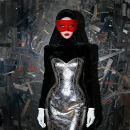 shadow dressed in a metal gucci dress, beautiful face and eyes, red mask on her face, black velvet fabric, highly detailed, white accents, cel shaded, cinematic shot, trending on artstation, high quality, detailed and chaotic background, brush strokes all over, by tom bagshaw and jama jurabaev