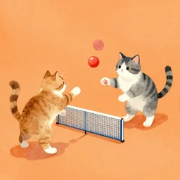 two cats playing ping - pong, orange background, vibrant watercolor