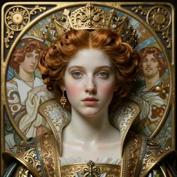 beautiful young medieval queen by jean delville, iris van herpen, raymond swanland, craig mullins and alphonse mucha, face centered portrait, hyperdetailed realistic smooth polished porcelain, art nouveau, ornate gothic icon with heavy patina, ultrasharp hyperdetailed photorealistic octane render