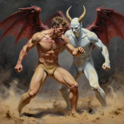 the hyper - realistic painting of tom sturridge as sandman combattant contre lucifer