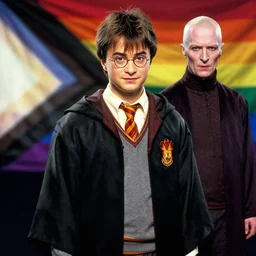 harry potter with voldemort, pride flag in background, full picture, art by normal rockwell