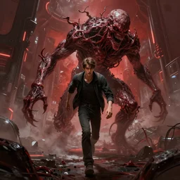 concept art by greg rutkowski, a very tall and slender young man, fleeing through a brutalist environment from a horrible creature made of twisted flesh, futuristic environment, reddish lighting, frightening and creepy atmosphere, scifi, highly detailed portrait, digital painting, artstation, concept art, smooth, sharp foccus ilustration, artstation hq