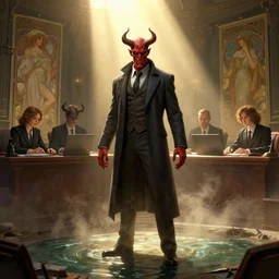 Demons in suits, at hell offices, sunrays, dust in the air, DnD character, unreal engine, octane render, dramatic lighting, pond, digital art, by Stanley Artgerm Lau, greg rutkowski, thomas kindkade, alphonse mucha, loish, norman Rockwell,