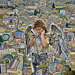 teen angel on a cell phone with epic landscape in the style of John William Waterhouse