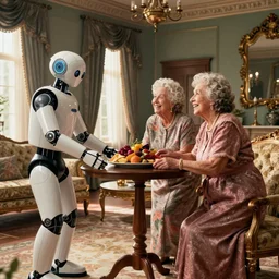 VFX movie of happy old women helping a served by humanoid assistant robot in a decadent living room by Emmanuel Lubezki