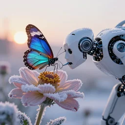 cyber robot butterfly, drinking from a large beautiful flower, dawn, snow, frost, sunrise, macro shot, hyper realism, octane render, 3 5 mm