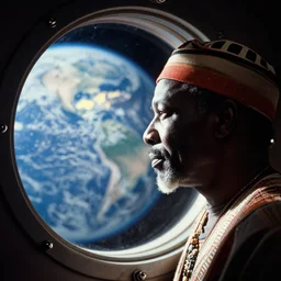 analogue photo of an African tribal chief looking out the porthole window of a spaceship, planet earth in porthole reflection, close-up, photo shot by martha cooper, 35mm,