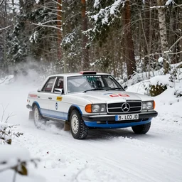 a 1 9 7 2 mercedes - benz 3 0 0 sel 6. 3, racing through a rally stage in a snowy forest
