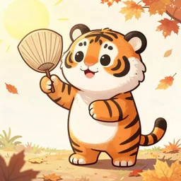 a highly detailed cartoon cute tiger flapping a fan under sun, autumn leaves on the ground, concise lines, ultradetailed environment, sharp focus, cinematic lighting, by alphonse maria mucha and kim jung gi