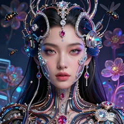 very beautiful woman integrating with technology, full face frontal centered, portrait, insipiring, detailed intricate ornate cables connected to head, big eyes, luxurious detailed abundent wiring and implants, diamonds, ruby, sci - fi, neon, glow, lucious hair, detailed background with cyber flowers and insects, highly detailed, artstation, 8 k