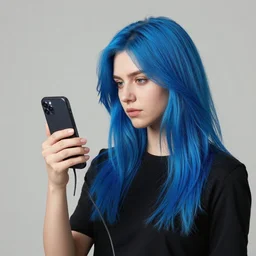 A photo of a caucasian female model with blue hair made by phone cable