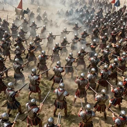 a legion of renaissance era roman soldiers charging into battle, muskets drawn. aerial view. fantasy. highly detailed. smoky lighting. 8 k. 3 5 mm shot. photorealistic