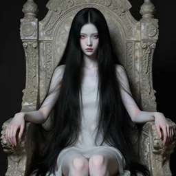 highly detailed portrait of a beautiful girl, endless black hair with pale skin, fibonacci fragile sitted on an intricate stone throne, by james jean, by victo ngai, by william - adolphe bouguereau, 4 k resolution, trending on artstation, very very detailed, masterpiece, stunning,