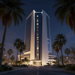 a large building surrounded by palm trees at night, concept art by L. A. Ring, behance, modernism, playstation 5 screenshot, concept art, vray