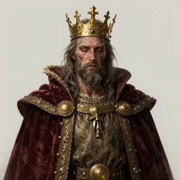 very detailed illustration of a decrepit god-king with a velvet robe and a gold crown, 8k trending on art station