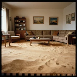 kodak portra 4 0 0 photographic and realistic, interior of a living room, detailed, octane render, unreal engine, 4 k, artstation, hyper realistic, wide angle, floor flooded with sand, desert, dunes, objects partially buried, 3 5 mm, sharp focus, soft light, volumetric light, in the style of gregory crewdson