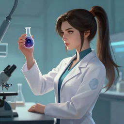 a league of legends concept art of a beautiful young female scientist in a laboratory holding a test tube with black hole, style by jordan grimmer and greg rutkowski, side view, ponytail, elegant, sharp focus, morandi color scheme, illustration, high quality, highly detailed, digital art, 4 k wallpaper, hyperrealism
