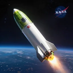elon musk on a cucumber rocket flying into beautiful space, spacex, nasa, fruit, hyperrealistic, extremely, volumetric illumination, 4 k