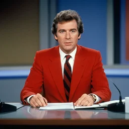 Stewart Pankin as Bob Charles dressed in a red suit jacket and necktie sitting at a news desk, videotape still from 1985