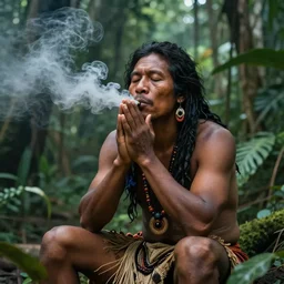 a beautiful portrait of an indigenous man sitting in the jungle, surrounded by smoke, taking tobacco snuff, praying with tobacco, mysterious atmosphere, fantasy art, matte painting, highly detailed