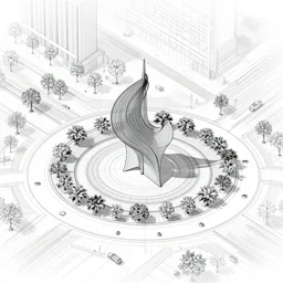 architectural blueprint of a public sculpture inside of a roundabout, detailed draft, drawn to scale with orthographic views