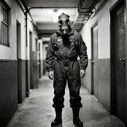 A photograph of a very tall lanky hunched over man in a GP-5 gas mask and a flight suit, inside the halls of the Kowloon Walled City. Film Noir. High Contrast. Black and White.