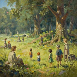oil on panel, painting the elder scrolls art, riverwood, villagers, kids by simon stålenhag, rendered by Beeple, by Makoto Shinkai, syd meade, concept, digital art, WLOP, trending on artstation, 4K UHD image