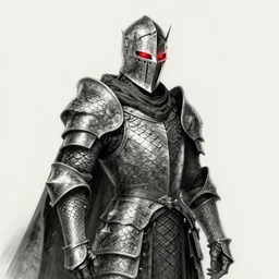 a very elegant fantasy portrait of a fantasy knight and a wizard robe made of dragon scales mixture, red glowing eyes, medieval armor, custom armor design, pointy, the red glows coming through the knight helmet, a mixture of pen and pencil, digital art, character design, d & d character, heavy shading, master of fantasy art