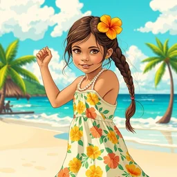 a five - year - old girl with brown eyes and brown hair in a braid, wearing a hawaiian dress, dancing on a tropical beach, portrait, wide shot, midday light, bright colors, illustration, pop art, splash painting, graphic novel, art by geof darrow, ashley wood, alphonse mucha