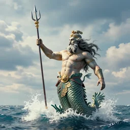 Sea emperor Poseidon raised trident flying in the sky