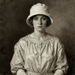 a portrait photo painting of a 1 9 2 0 s woman with a serious expression, wearing a modest light coloured bohemian style silk crepe dress with a bucket cloche hat, long cotton gloves, dark, brooding, atmospheric lighting, painted, sepia, intricate, ultra detailed by leesha hannigan, thierry doizon, kai carpenter, well composed, best on artstation, cgsociety, epic, stunning, gorgeous, intricate detail, wow, masterpiece