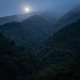 moonlit night, forested mountains, cold light, dense forest, overhead view, fog