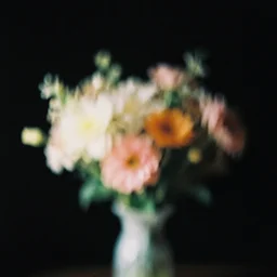 vintage grainy photograph, light leaks, black background, blurry floral bouquet, flowers in motion, artistic, mysterious