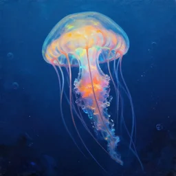 intense dramatic painting of a massive colorful glowing jellyfish in the deep ocean, fantasy, volumetric lighting, blue tones, digital art, trending on artstation