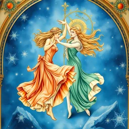a fresco of sailor neptune dancing with sailor uranus. beautiful, realistic painting by mucha and kuvshinov and bilibin. watercolor, thick lining, manga