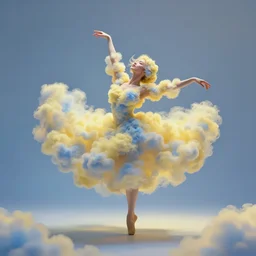 dancing woman!!!!, fully covered in yellow and blue clouds!!!, disarming, enchanting, fragile, hopeful, cloudcore, full shot!!!!!!!, by kim keever