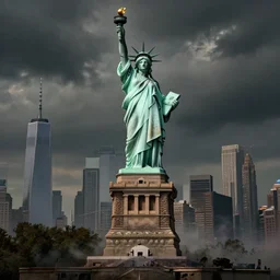 Donald Trump shooting the Statue of Liberty in Manhattan, post apocalyptic New York, craig mullins, dramatic lighting, very detailed