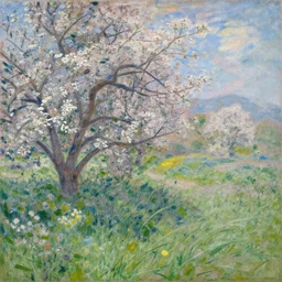 Photo of a landscape with blooming flowers and long grass by claude monet, 4k